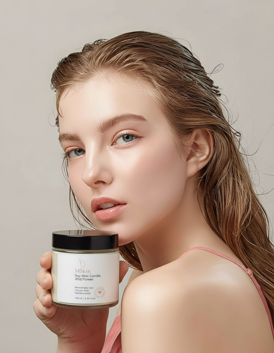 Vrouw die een soy wax candle vasthoudt, focus op natuurlijke kaarsen, ontspanning en duurzaamheid.